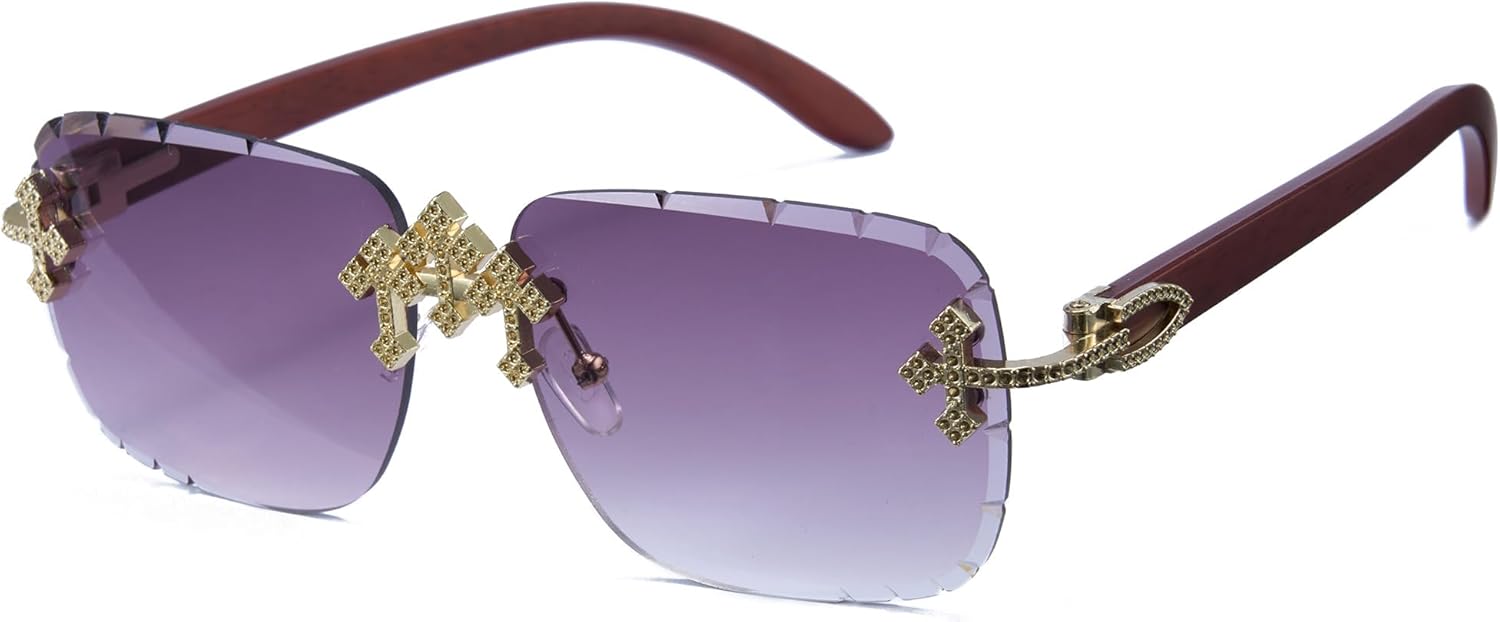 

Мужские солнцезащитные очки Cyxus без оправы с блестками, модные квадратные очки с золотыми крестообразными акцентами в стиле Y2K, уличная одежда для вечеринок и танцев, Dark Brown/Purple-1345