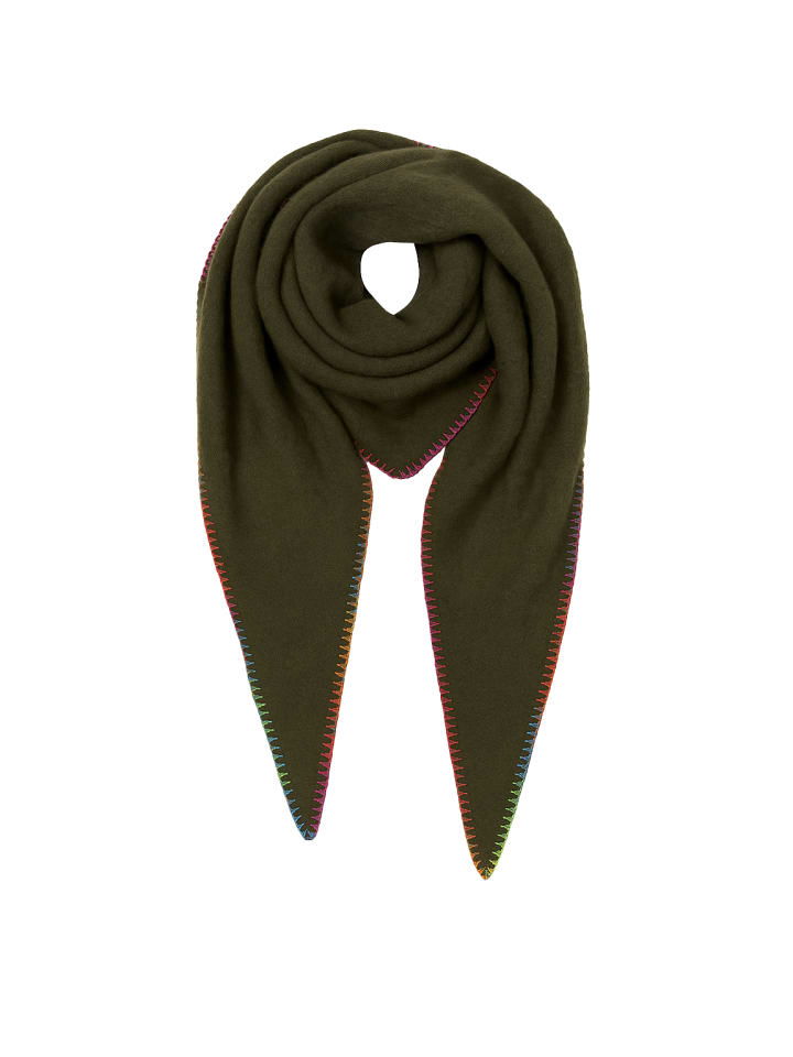 

Треугольный шарф цвета хаки с цветной декоративной строчкой по краю. Faera