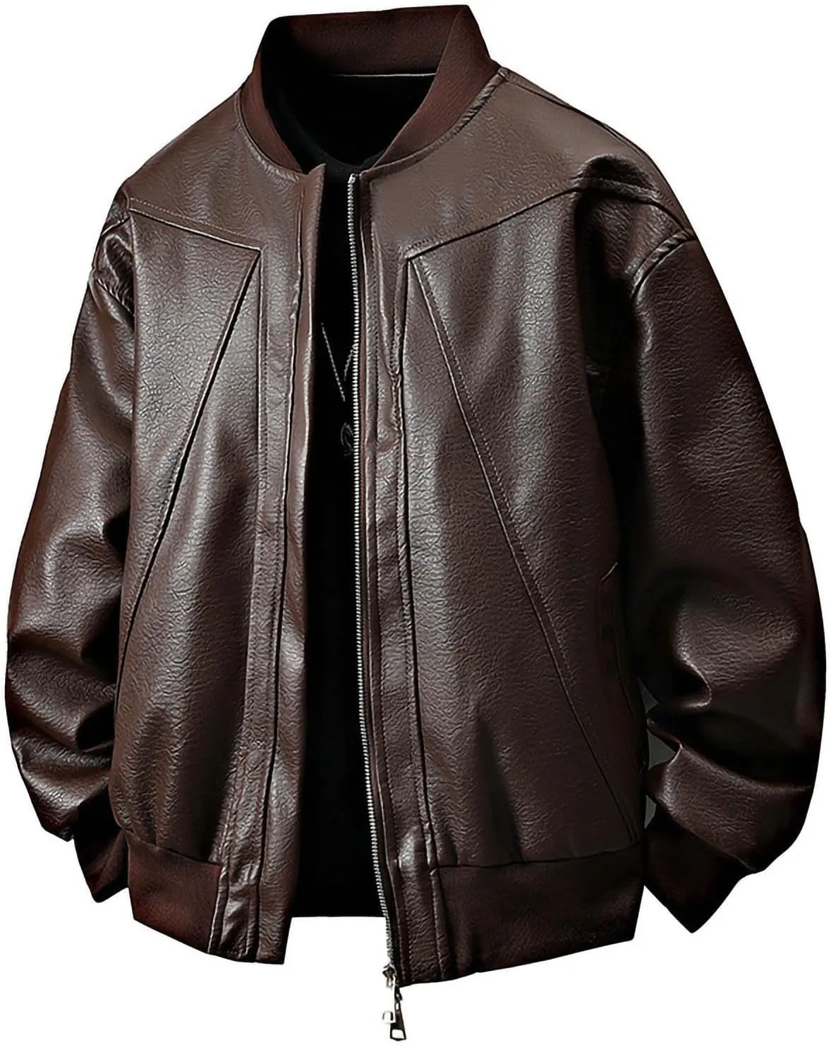 Мужская куртка-бомбер из искусственной кожи Casual Varsity Baseball Coat с воротником PU Motorcycle Coat ветрозащитная на молнии Generic, коричневый