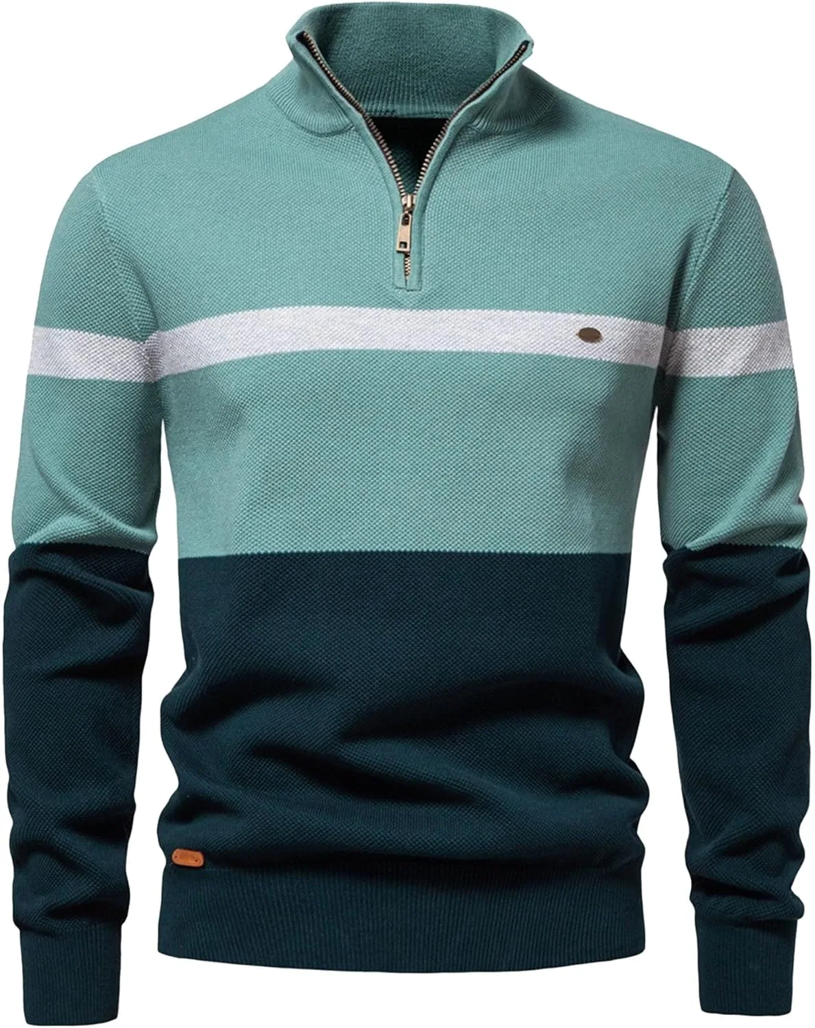 

Мужской поло-свитер с полосками и молнией на четверть