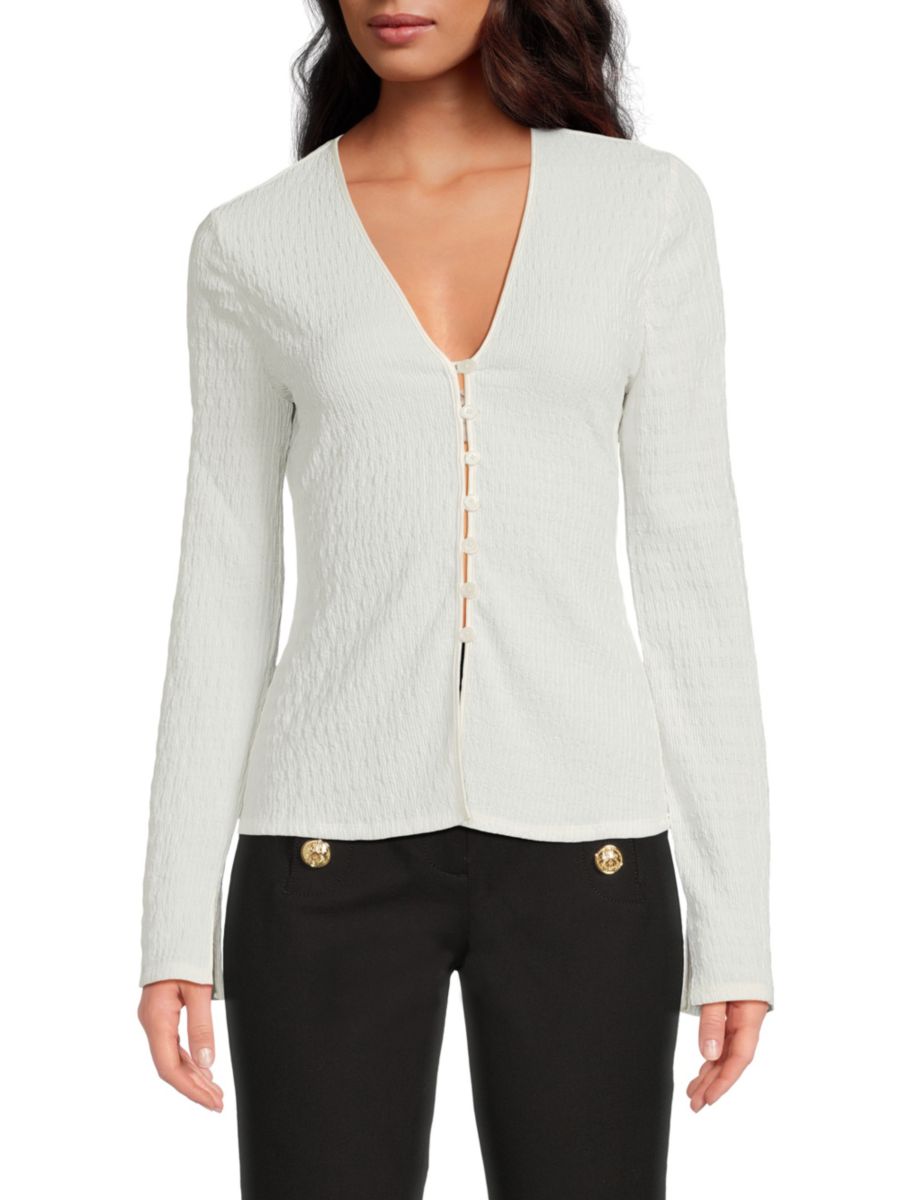 

Текстурированный топ Esmee с V-образным вырезом и застежкой на пуговицы спереди Derek Lam 10 Crosby, кремовый