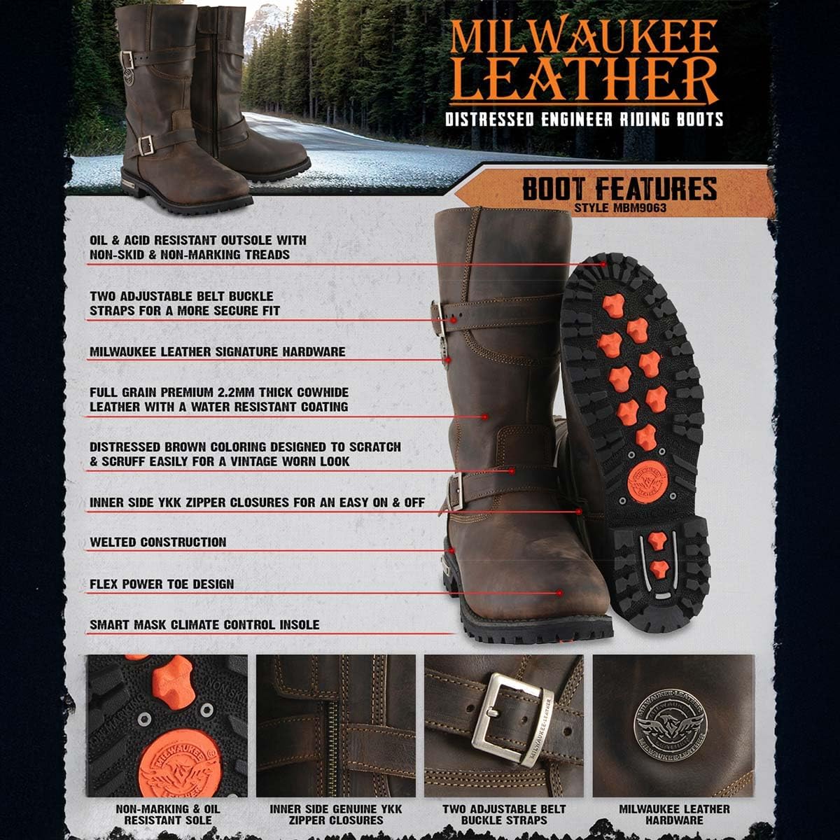 Мужские мотоциклетные ботинки Milwaukee Leather MBM9063 классические с эффектом потертости, коричневая кожа - размер 7 ‎Milwaukee Leather — фото 2
