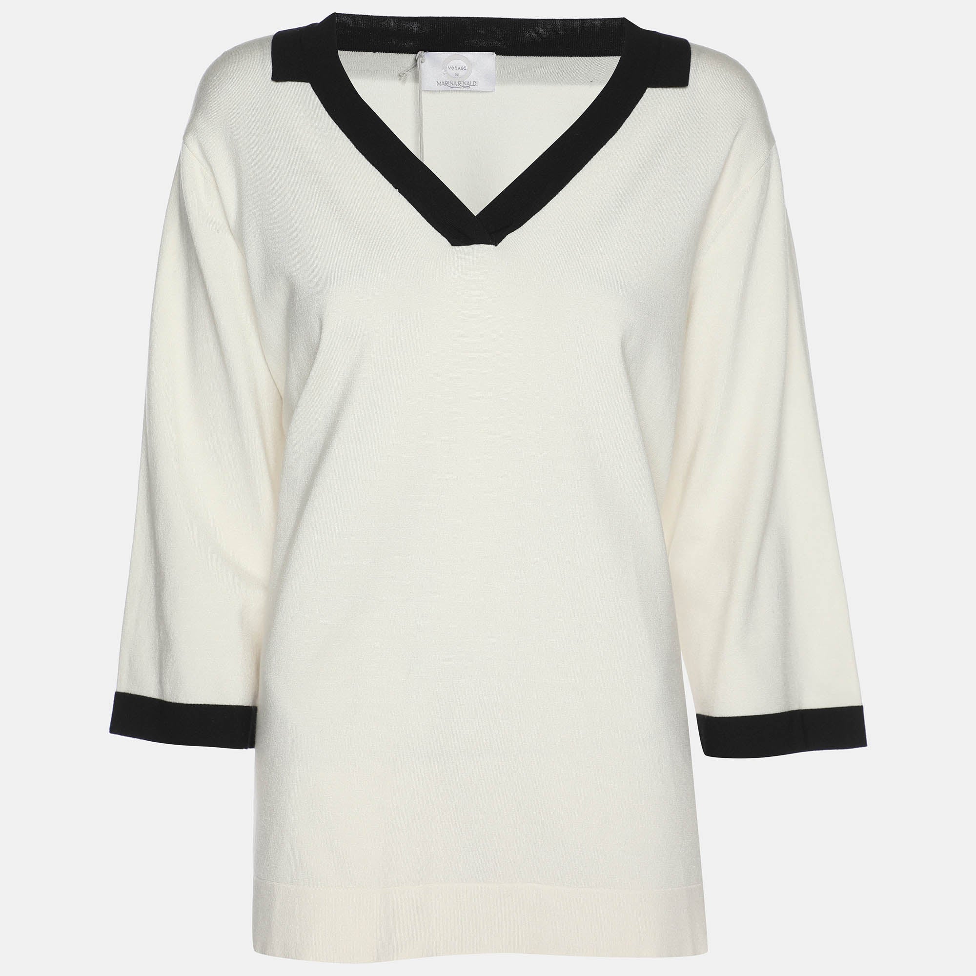 

424 Свитер Marina Rinaldi из кремового трикотажа с контрастной отделкой и V-образным вырезом