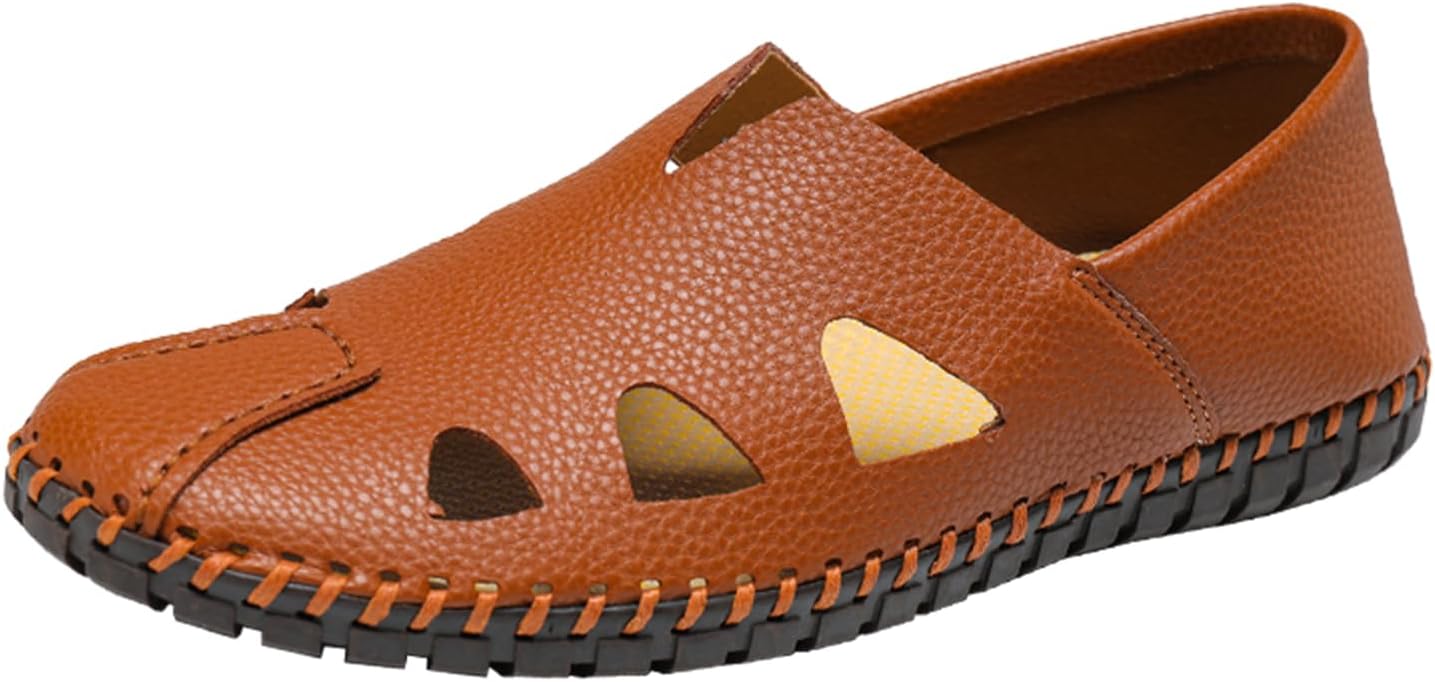 

Мужские лоферы из мягкой кожи с ручной прошивкой, с перфорацией, комфортные, с круглым носком, легкие, нескользящие, на плоской подошве, без шнурков, летние, для пляжа, прогулок, вождения и повседневной носки Adkgbe, светло-коричневый