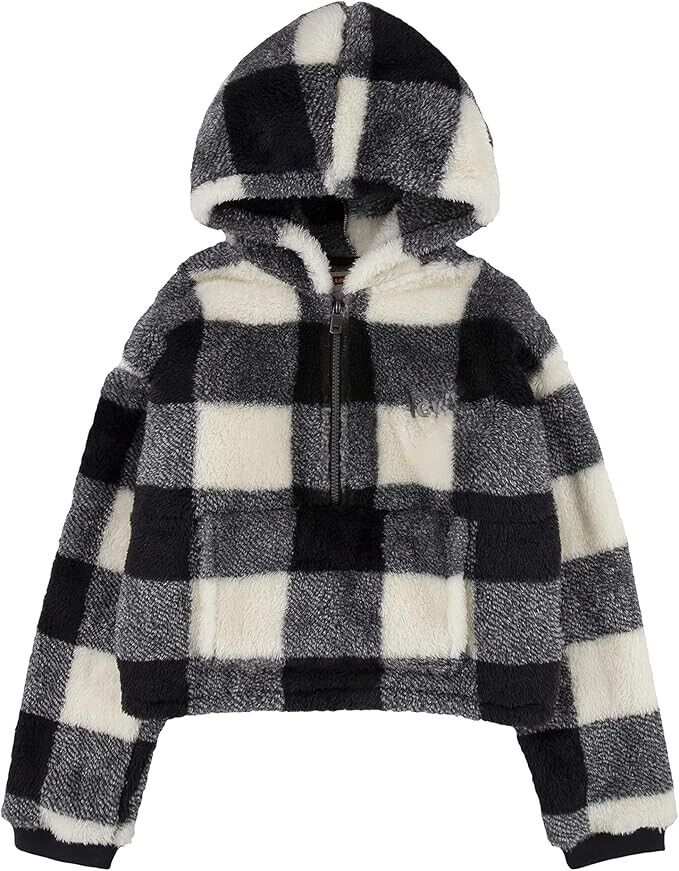 Детская толстовка Levi's Sherpa Hoodie, черная в клетку, с длинными рукавами, пуловер, уютный, ERK118 — фото 3