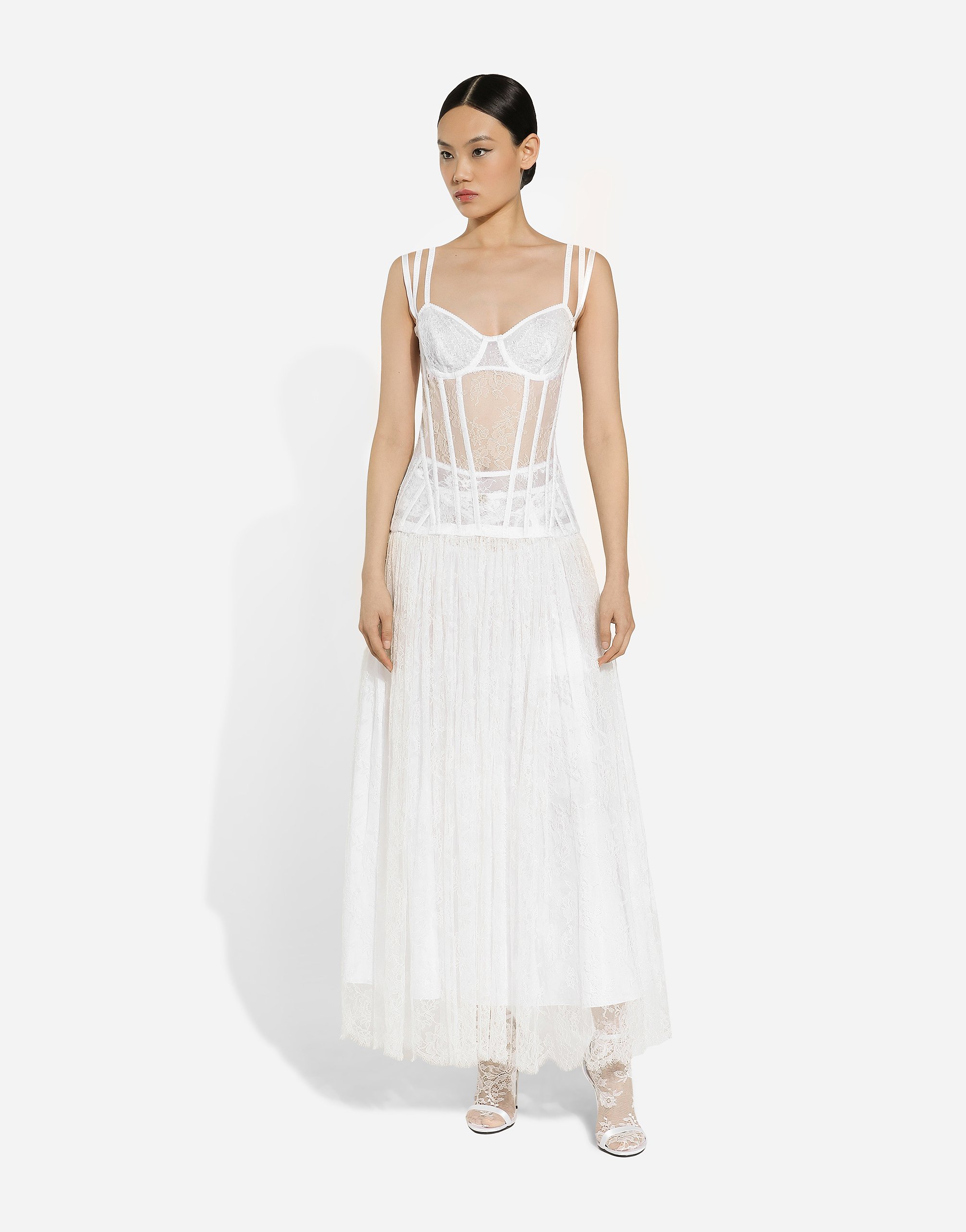 Длинное кружевное платье с корсетной отделкой Dolce & Gabbana, белый — фото 3