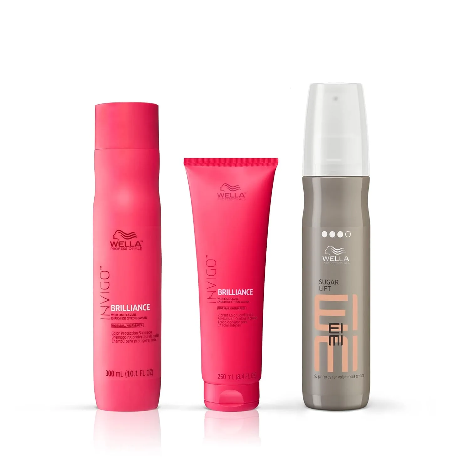 Wella Professionals Invigo Brilliance шампунь и кондиционер для тонких/нормальных окрашенных волос, защита цвета и яркость + EIMI Sugar Lift спрей для объема и естественного подъема, набор для ухода за волосами