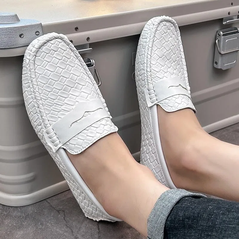 Лоферы кожаные белые, Square Toe Vegan Leather Stone Pattern Penny Loafers, White PUGHGAETZF — фото 4