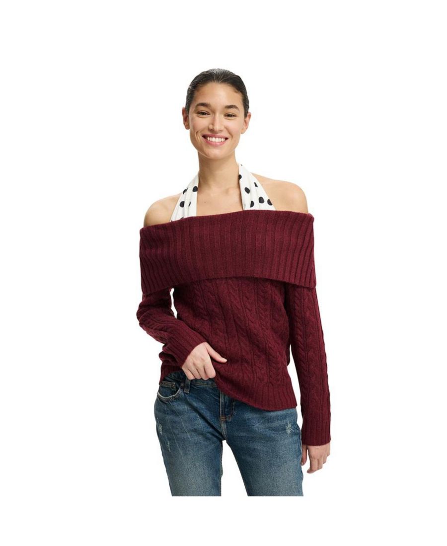 

Женский пушистый вязаный свитер с косами и открытыми плечами COTTON ON, Cherrywood marle