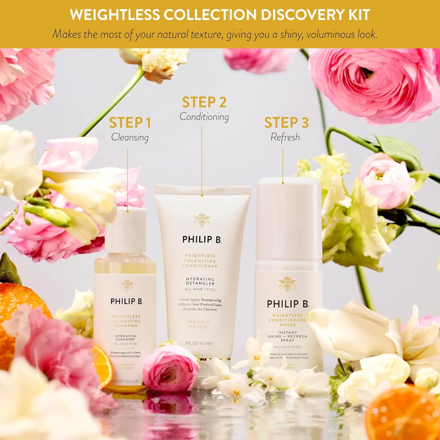 Набор для знакомства с коллекцией PHILIP B. Weightless Collection Discovery Kit  - включает шампунь, кондиционер и увлажняющую воду с бодрящим ароматом цветков магнолии. 192 мл (1 шт.) — фото 3