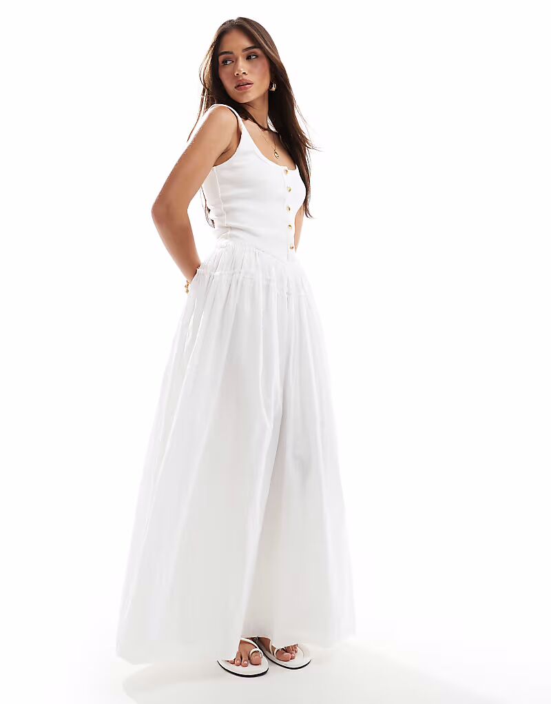

Платье ASOS Design scoop button ribbed bodice with poplin skirt maxi in white
