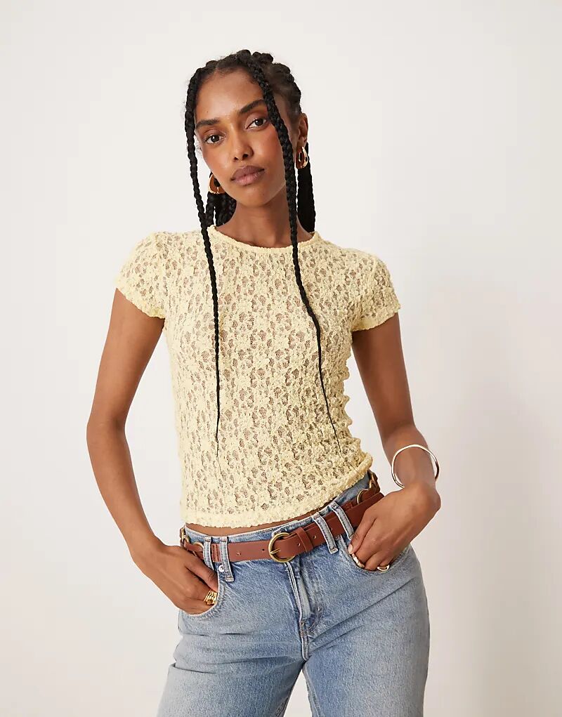 

Кружевная полупрозрачная футболка ASOS DESIGN с короткими рукавами, молочно-желтого цвета
