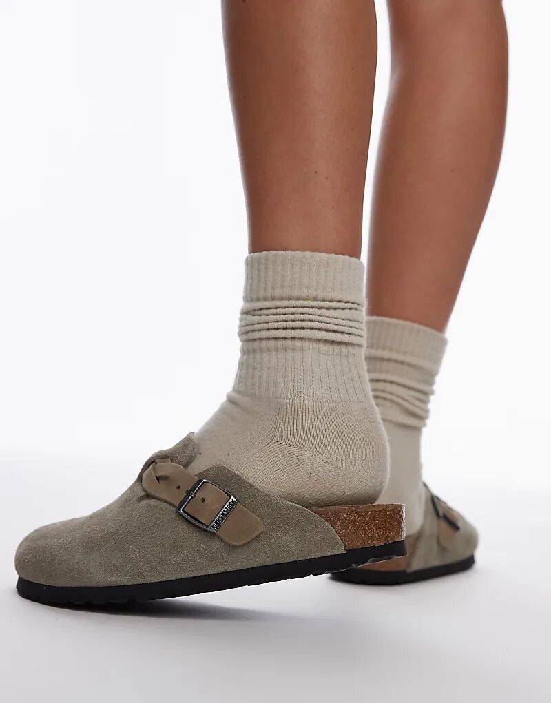 Узкие плетеные сабо Birkenstock Boston серо-коричневого цвета