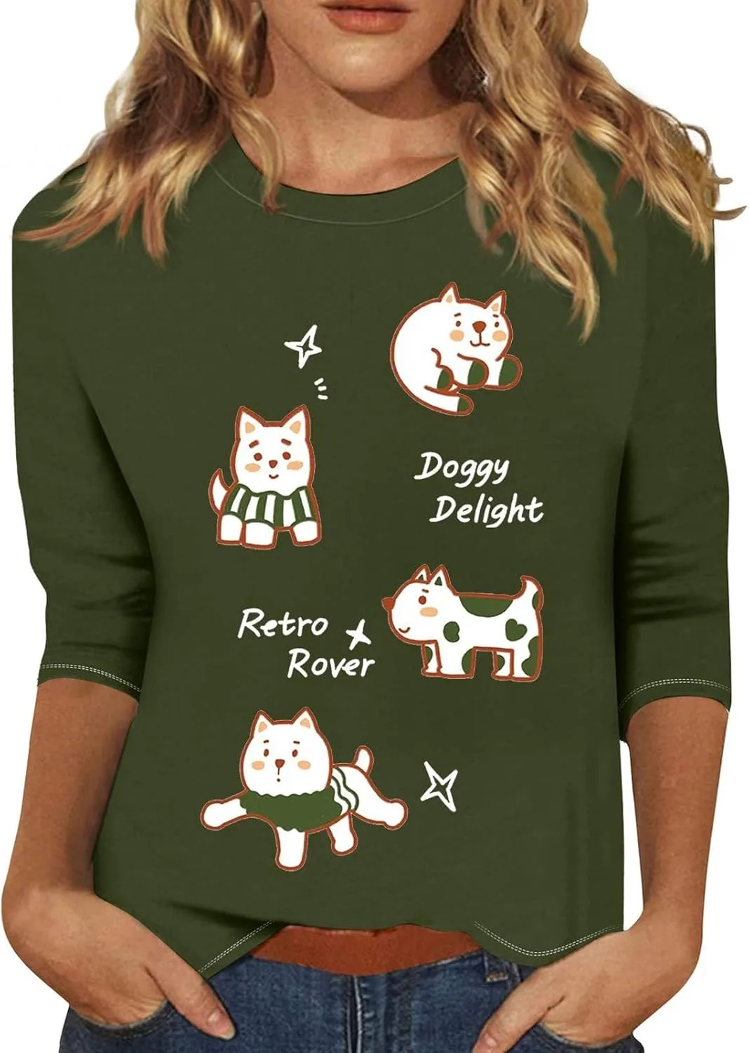 

Летний топ для женщин Cute Crewneck с 2D принтом, Casual, свободный, с 3/4 рукавом FQZWONG