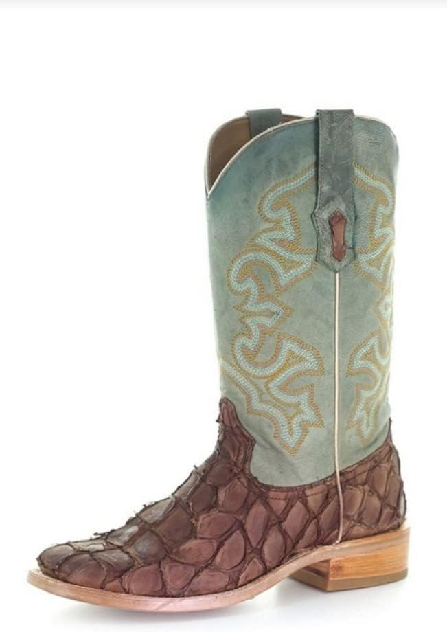 

Мужские сандалии CORRAL коричневого/бирюзового цвета с вышивкой рыбы, квадратный носок, кожа с подошвой с резиновыми вставками, Western A4048 Corral Boots, коричневый