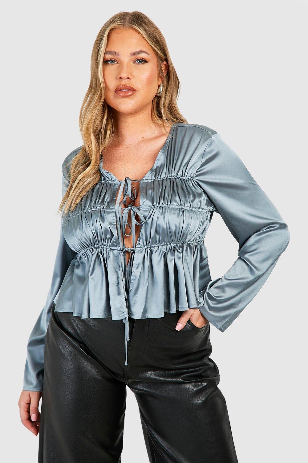 

Атласная блузка Plus с завязками спереди boohoo, серый