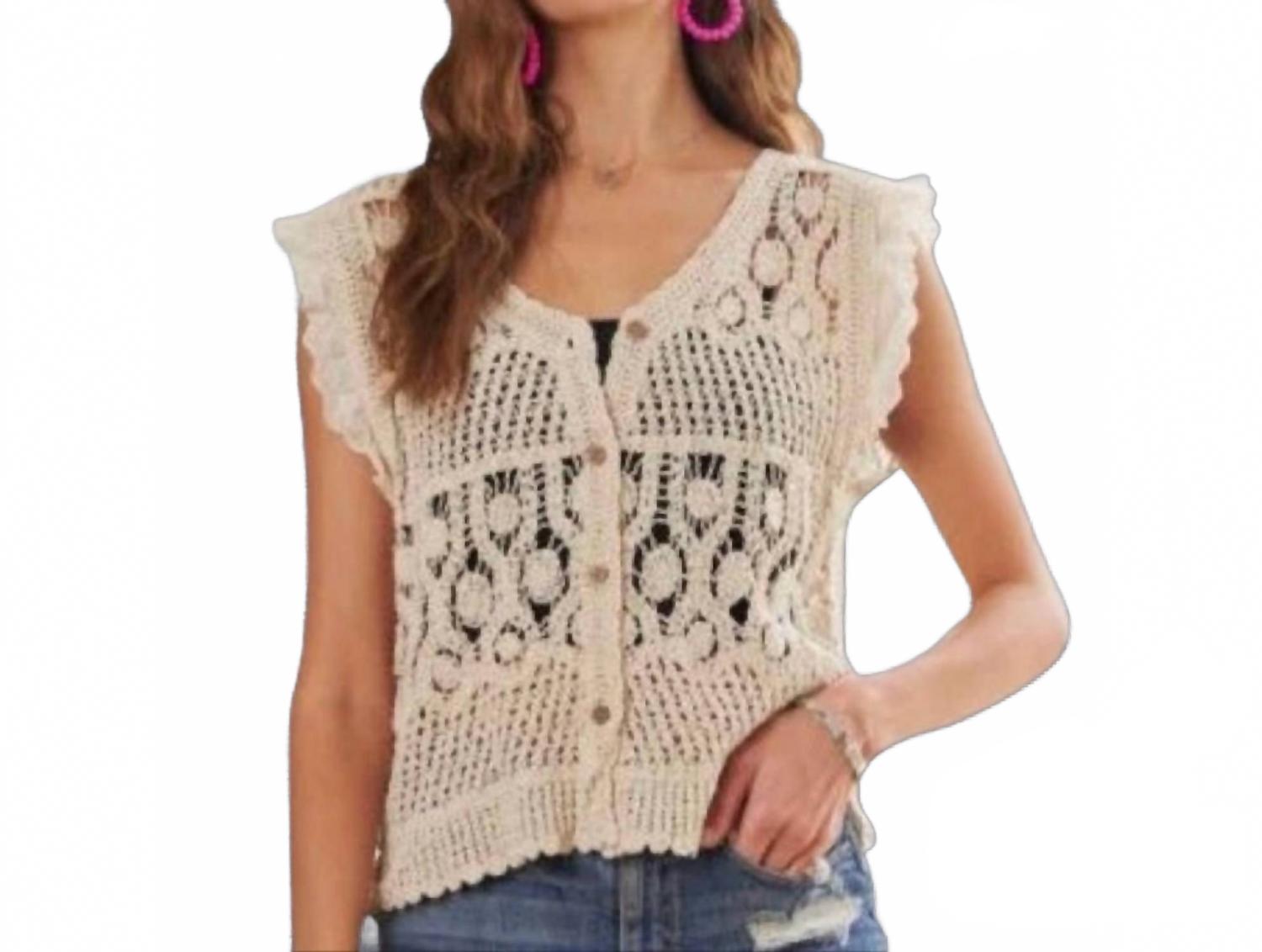 

Pretty Bash Вязаный жилет с оборками на рукавах, застегивающийся на пуговицы, бежевого цвета