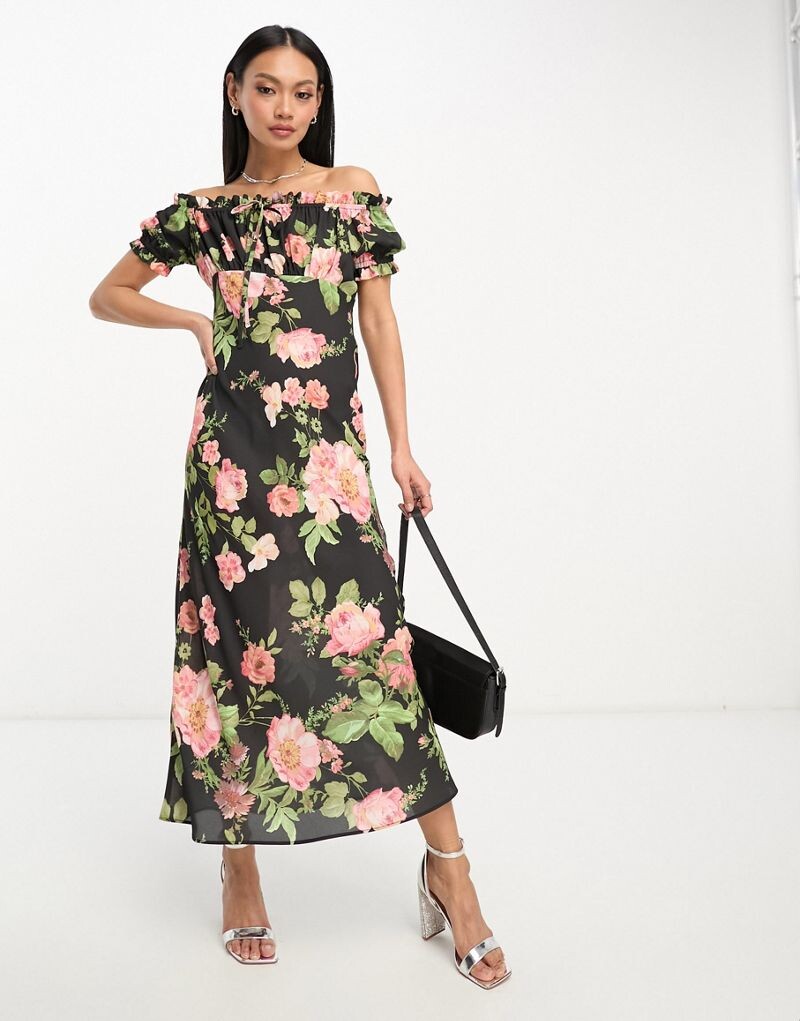 

Платье миди с открытыми плечами и завязками спереди ASOS DESIGN Milkmaid