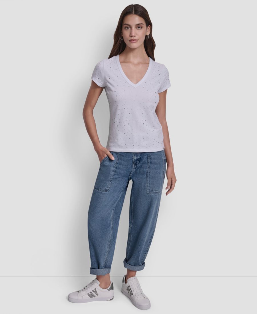 

Женская блузка с V-образным вырезом и декором DKNY Jeans, White/clear/silver