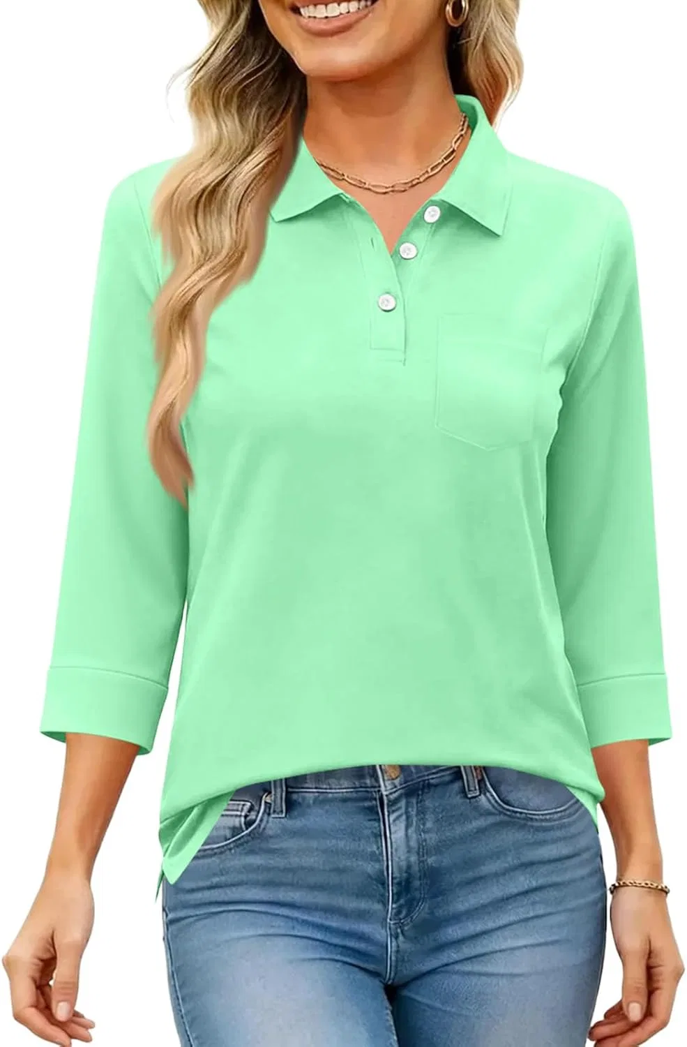 Поло для женщин с рукавом 3/4, бренд Generic, цвет B03 Mint Green — фото 3
