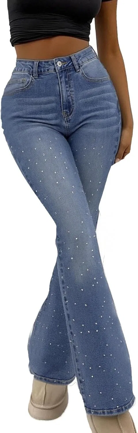 Джинсы клеш Women's High Waist Flare Jeans Rhinestone Slim Fit Bell-Bottoms Skinny Jeans Butt Lifting Stretch Bootcut Denim Pants, синий