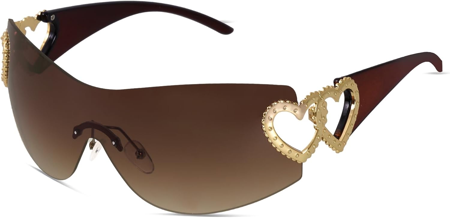 

Солнцезащитные очки Y2K с обтекаемой оправой, модные, в форме щита, с серебристым сердечком, в стиле 2000-х, без оправы, для женщин и мужчин JTYKUYR, Brown Frame/Gradient Brown Lens