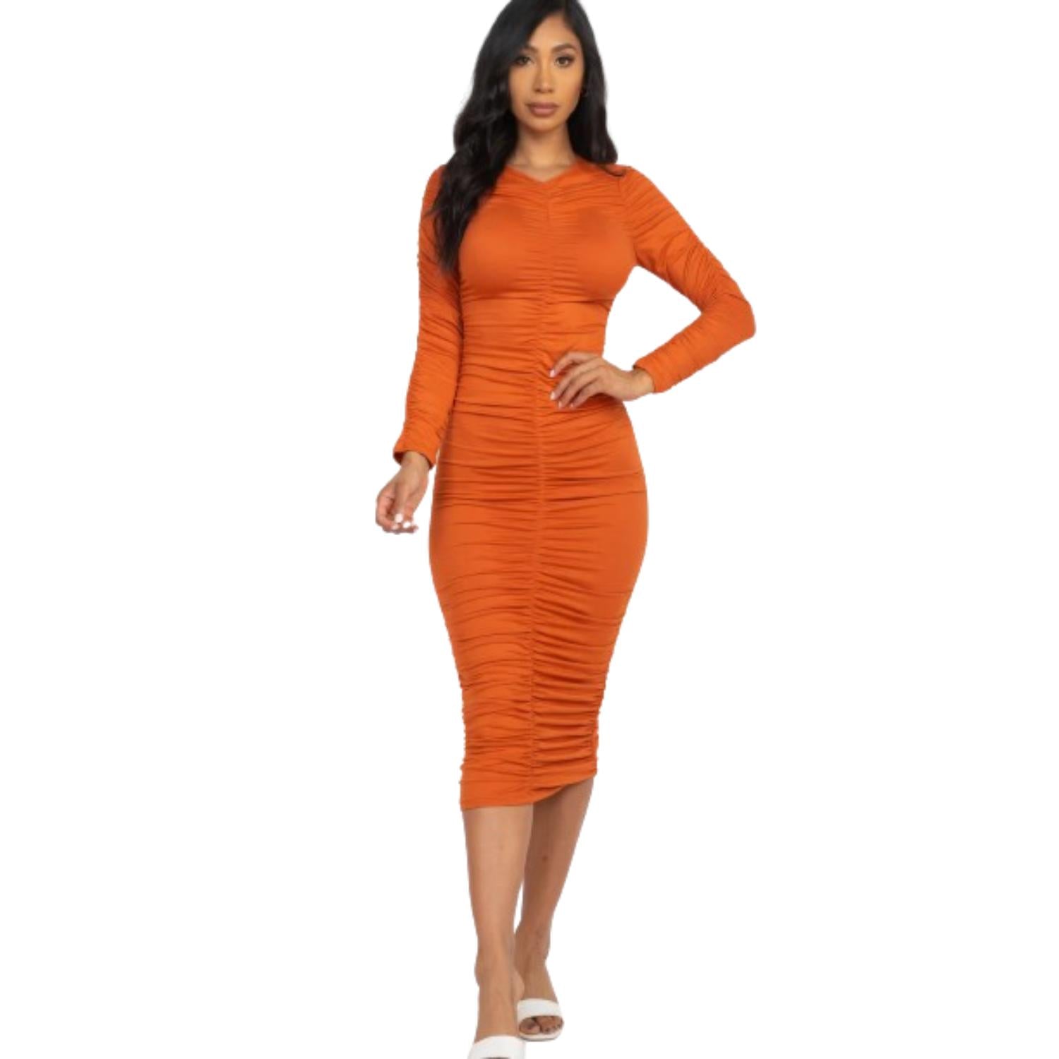 

Платье миди с длинными рукавами и сборками FASHNZFAB, цвет mango