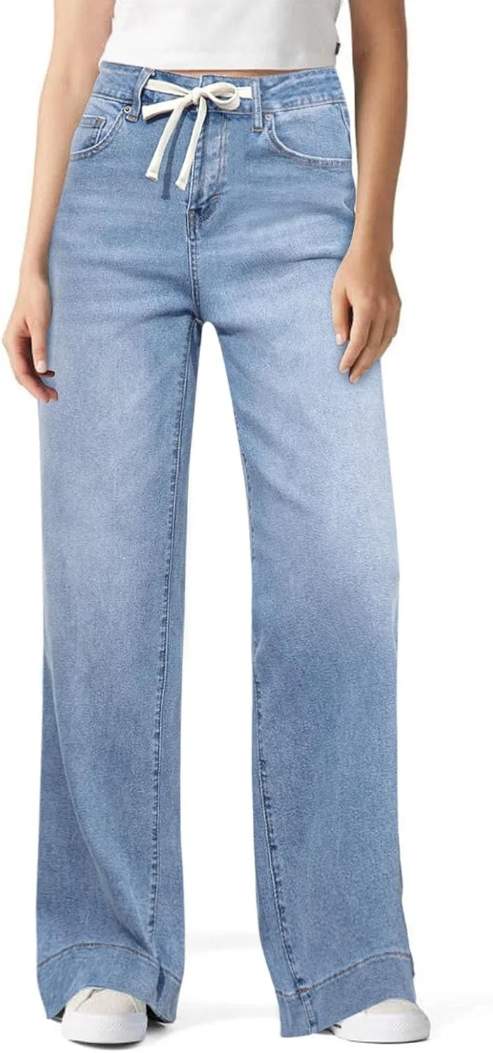 Джинсы широкие, с завязкой, голубой — фото 2