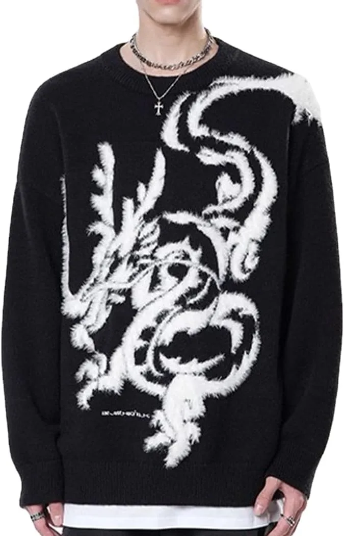 

Свитер с китайским драконом для мужчин и женщин, весенний, круглый вырез, свободная вязка Sudiup