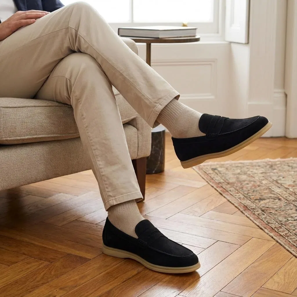 Мужские лоферы CUSHIONAIRE Selby из натуральной кожи с резиновой подошвой и эффектом памяти. Доступны модели широкой ширины, Black (Black Suede) — фото 3