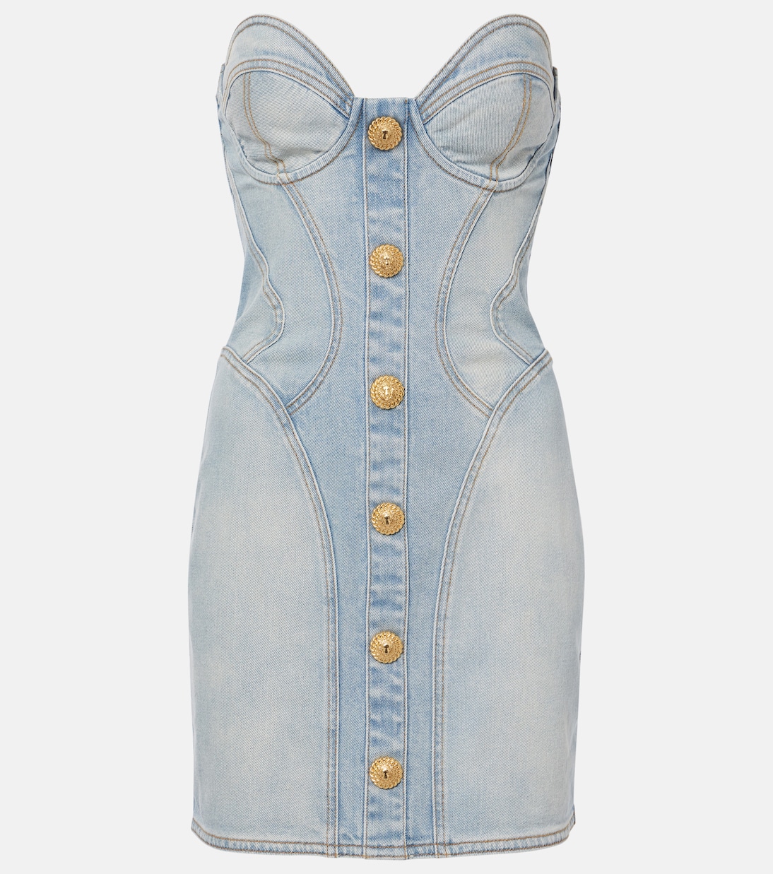 

Платье-бюстье из денима Balmain, Bleu Jean Clair