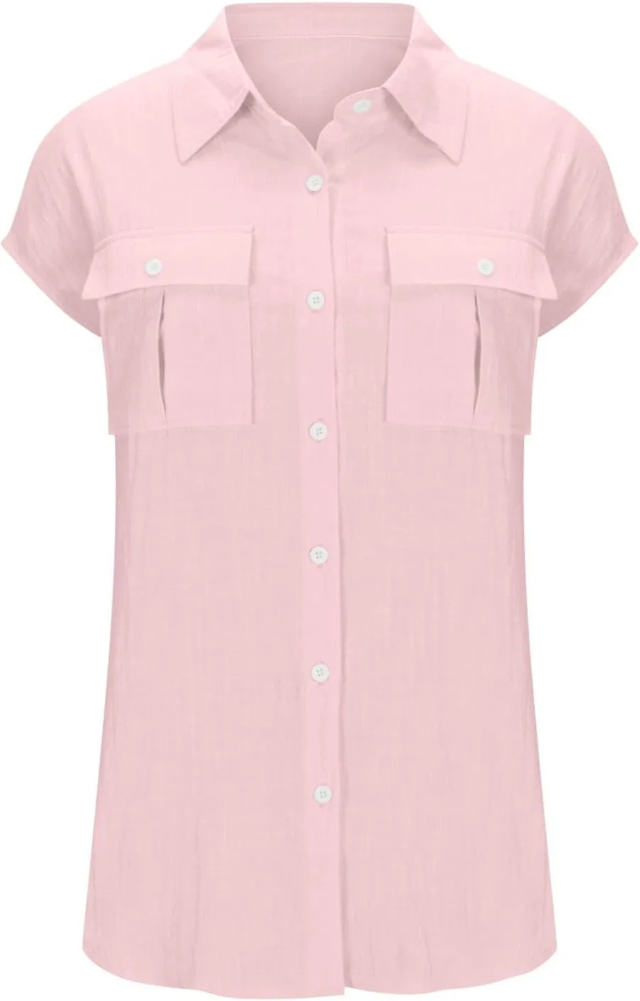 Generic Рубашки с коротким рукавом для женщин, летние повседневные, из тонкой ткани, с V-образным вырезом, на пуговицах, в стиле бохо, из хлопка и льна с карманами, A04-Pink — фото 3