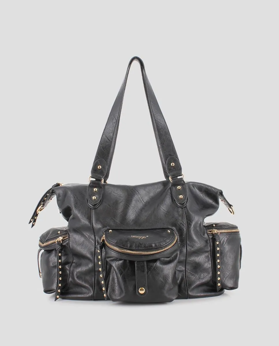 

Большая женская сумка через плечо с заклепками и внешними карманами Blogger, черный