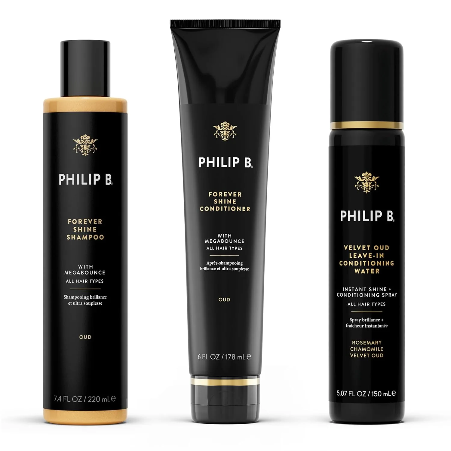 Набор PHILIP B Ultimate Shine Bundle включает шампунь Forever Shine (213 мл) + кондиционер (170 мл) + несмываемую кондиционирующую воду Velvet Oud (150 мл).