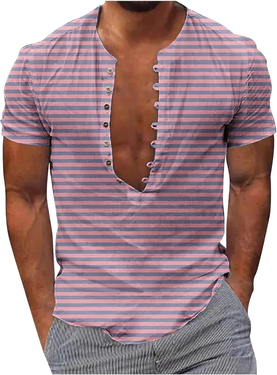 

Мужская футболка henley с коротким рукавом и v-образным вырезом, slim fit, в полоску QUNPIU