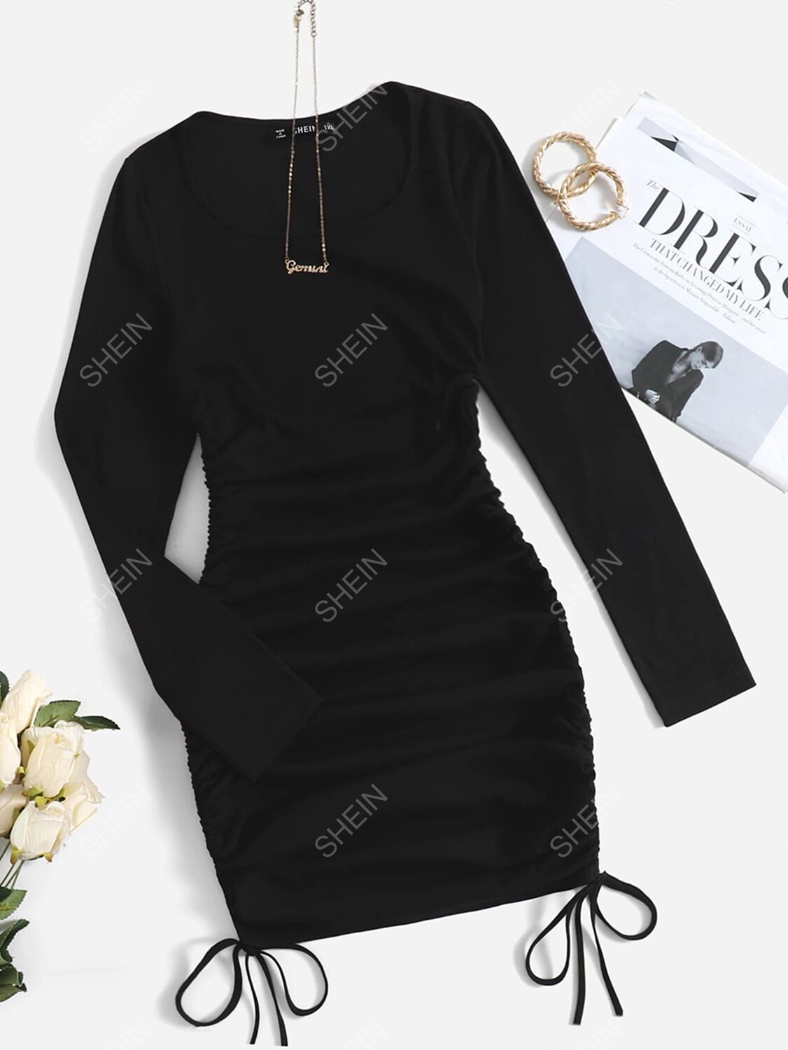 

EZwear Платье больших размеров, кулиска сбоку, трикотаж Shein, черный