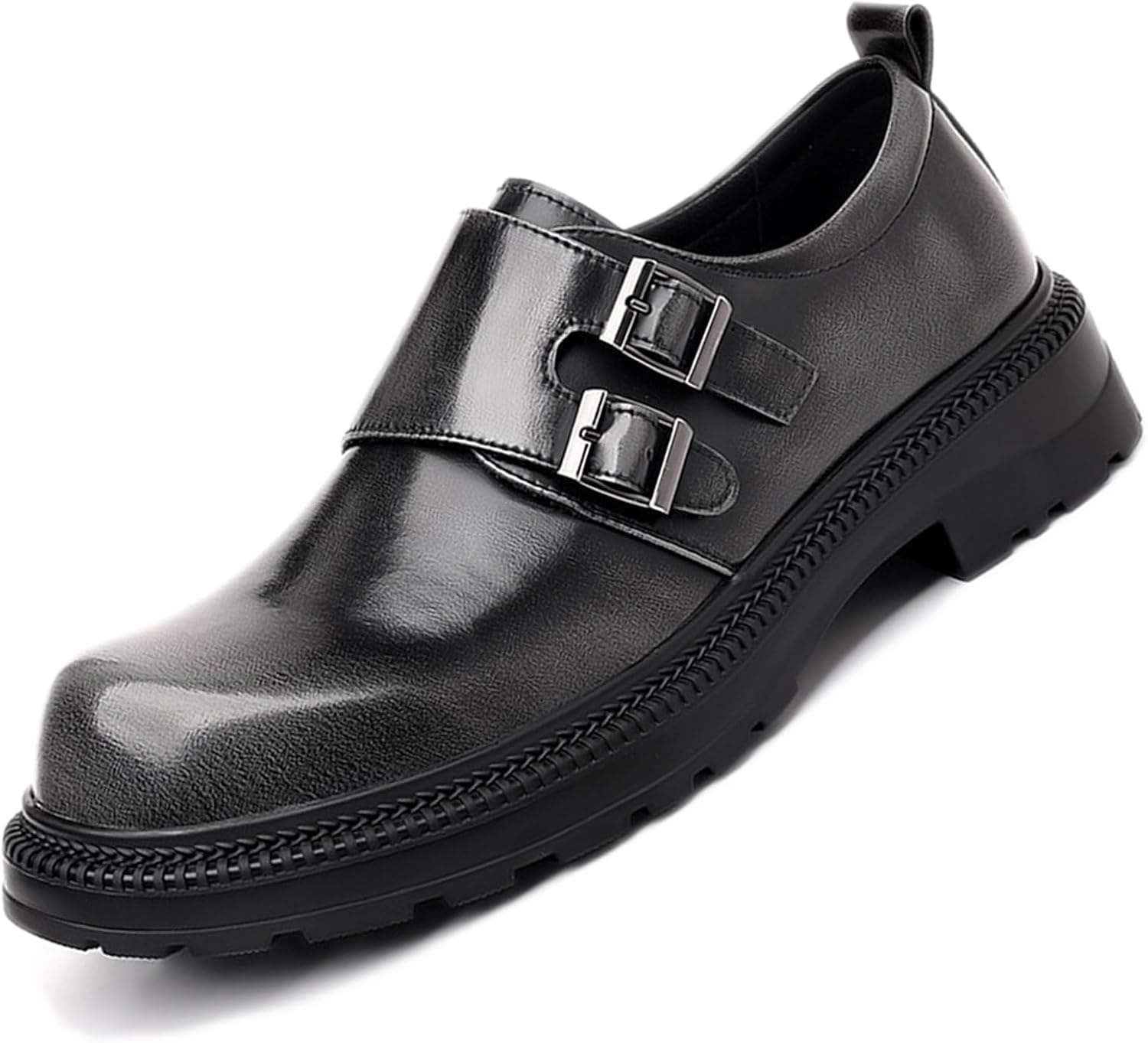 

Мужские кожаные лоферы с двойной пряжкой, платформой и низким массивным каблуком, ретро-цвет, круглый носок, удобные, без шнурков, с противоскользящей подошвой, дерби, для бизнеса, свадеб, повседневной носки и свиданий Adkgbe, серый