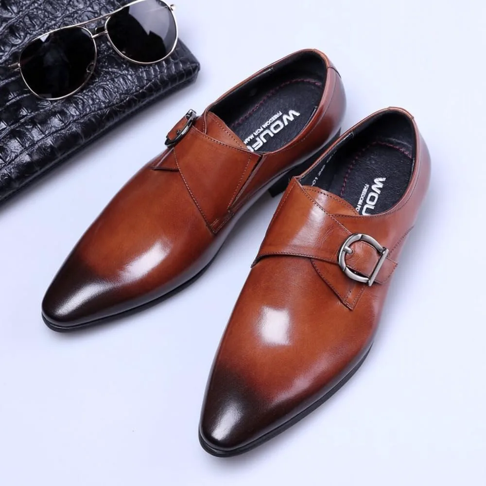 Мужские туфли Monk Strap Классические Ретро Формальные Деловые Лоферы Легкие Кожаные Слипоны Комфортные Носка Низкий Каблук Заостренный Носок Платиновая Пряжка Лоферы Оксфорды для Повседневной Элегантной Работы, Офиса и Свадьбы Geerta, коричневы... — фото 4