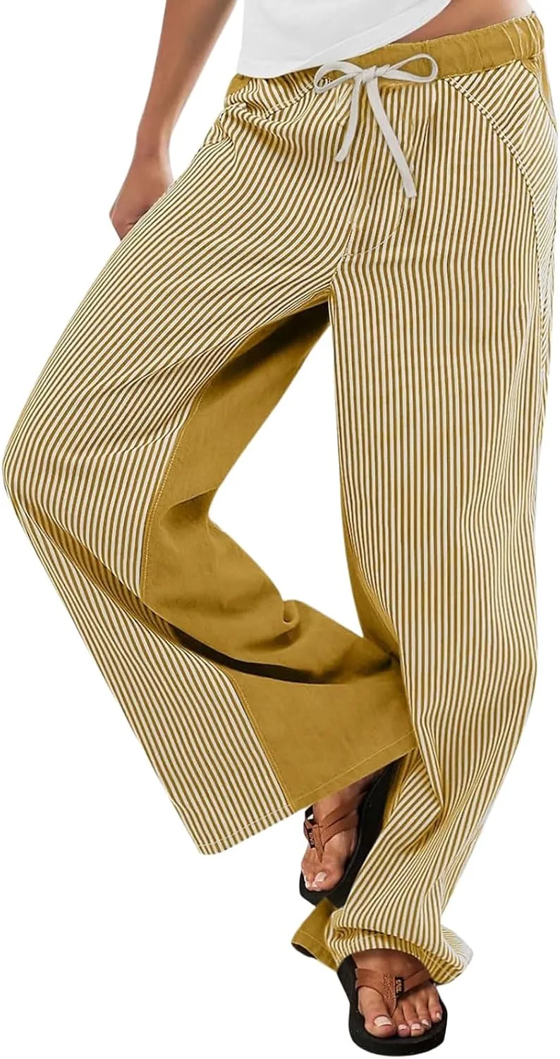 

Женские полосатые джинсы baggy с эластичным поясом на шнурке CHARTOU