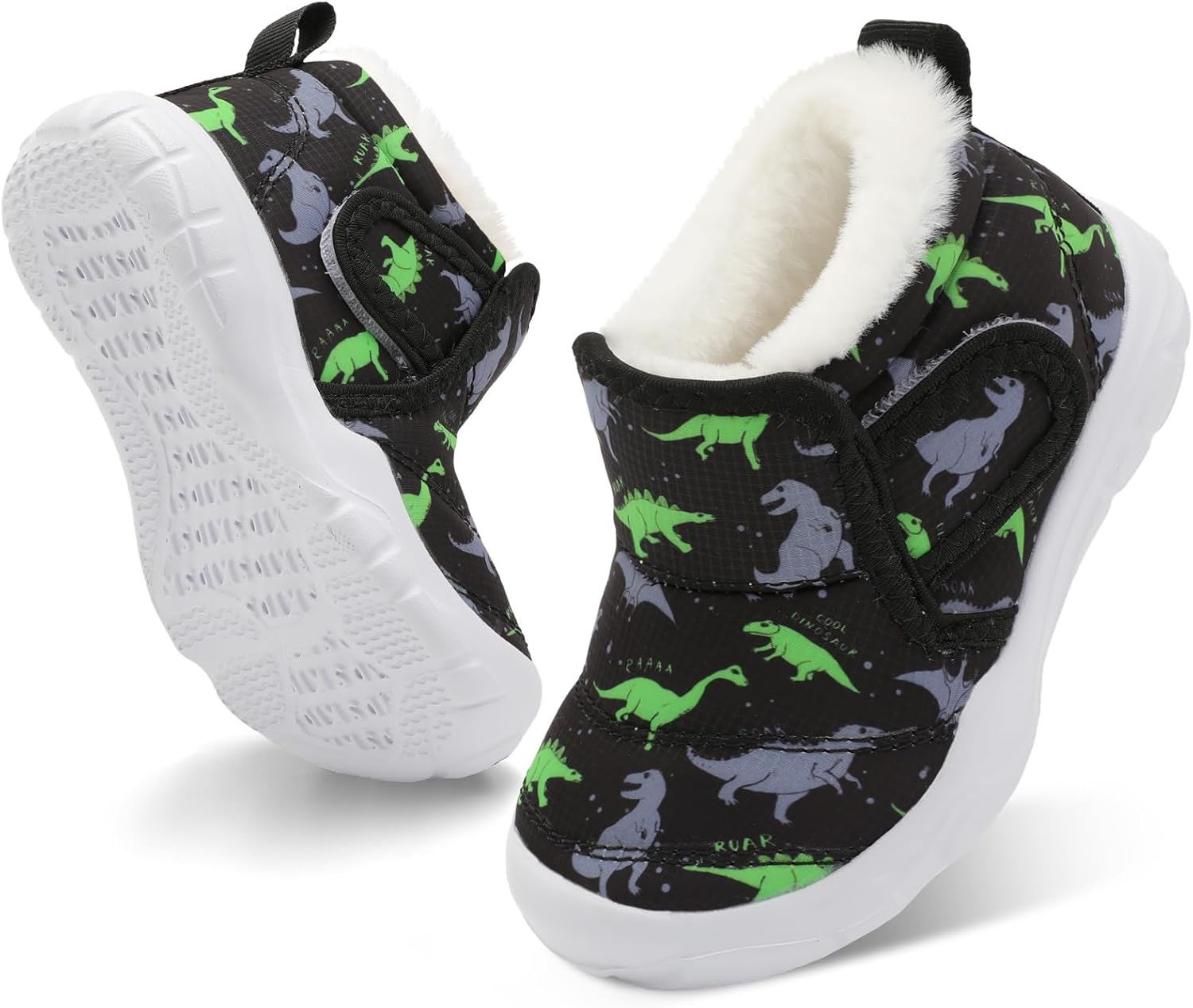 

Детские зимние теплые ботинки QFH для мальчиков и девочек, уютные флисовые снежные ботинки для малышей, нескользящие прогулочные ботинки, водоотталкивающие с искусственным мехом, Black Green Dino