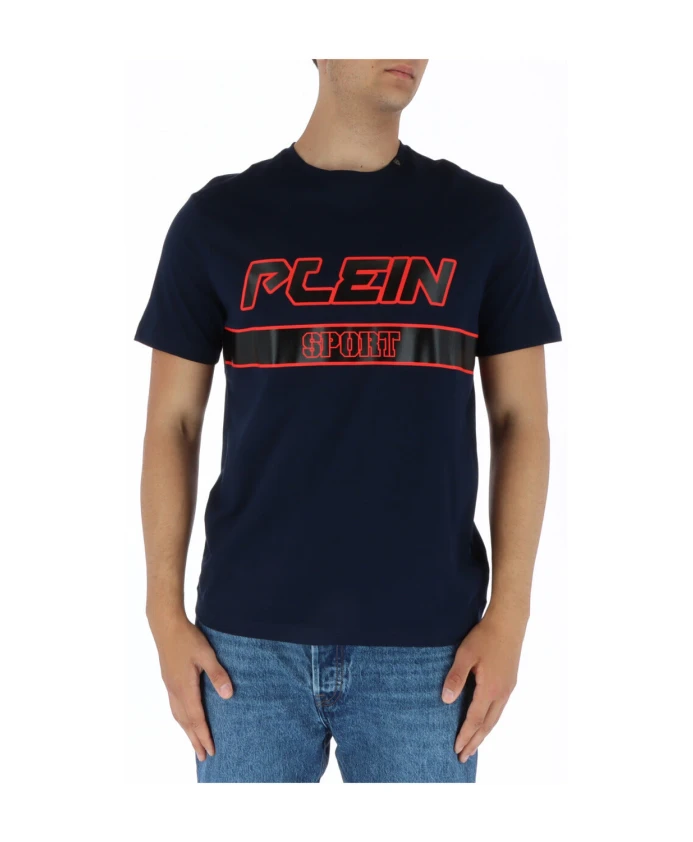 

Синяя футболка с короткими рукавами и круглым вырезом, с принтом. Plein Sport, синий