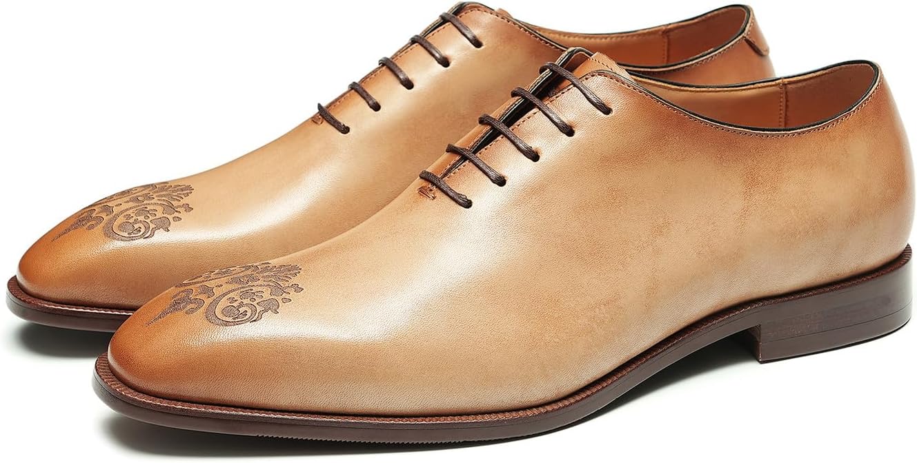

Мужские туфли Santimon из натуральной кожи Oxfords- классические вечерние туфли ручной работы с заостренным носком, шнуровкой и винтажной цветочной гравировкой для деловых встреч, выпускных и свадеб, Tan
