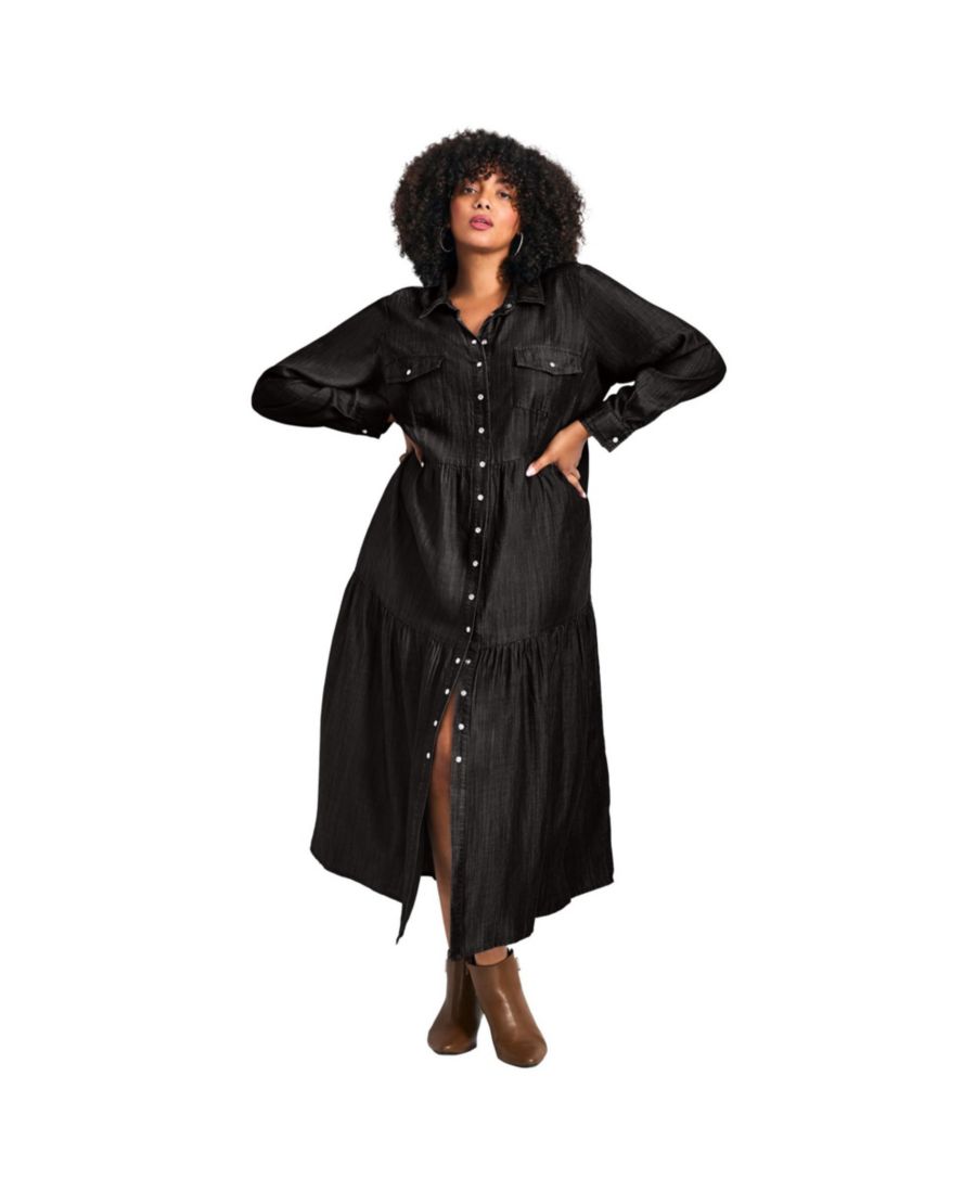 

Женское джинсовое платье-рубашка больших размеров с ярусным низом AVENUE, Black