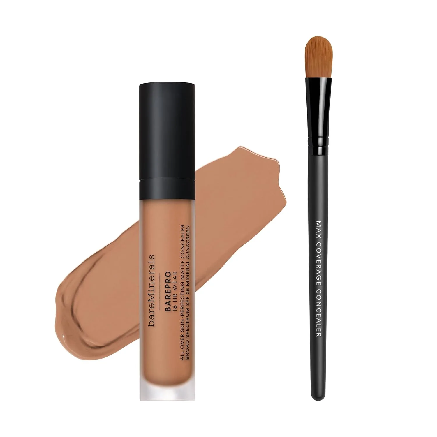 bareMinerals BarePro 16HR All Over Skin-Perfecting Natural Matte Concealer Mineral SPF 25 with Niacinamide + Shade & Diffuse Concealer Brush Bundle