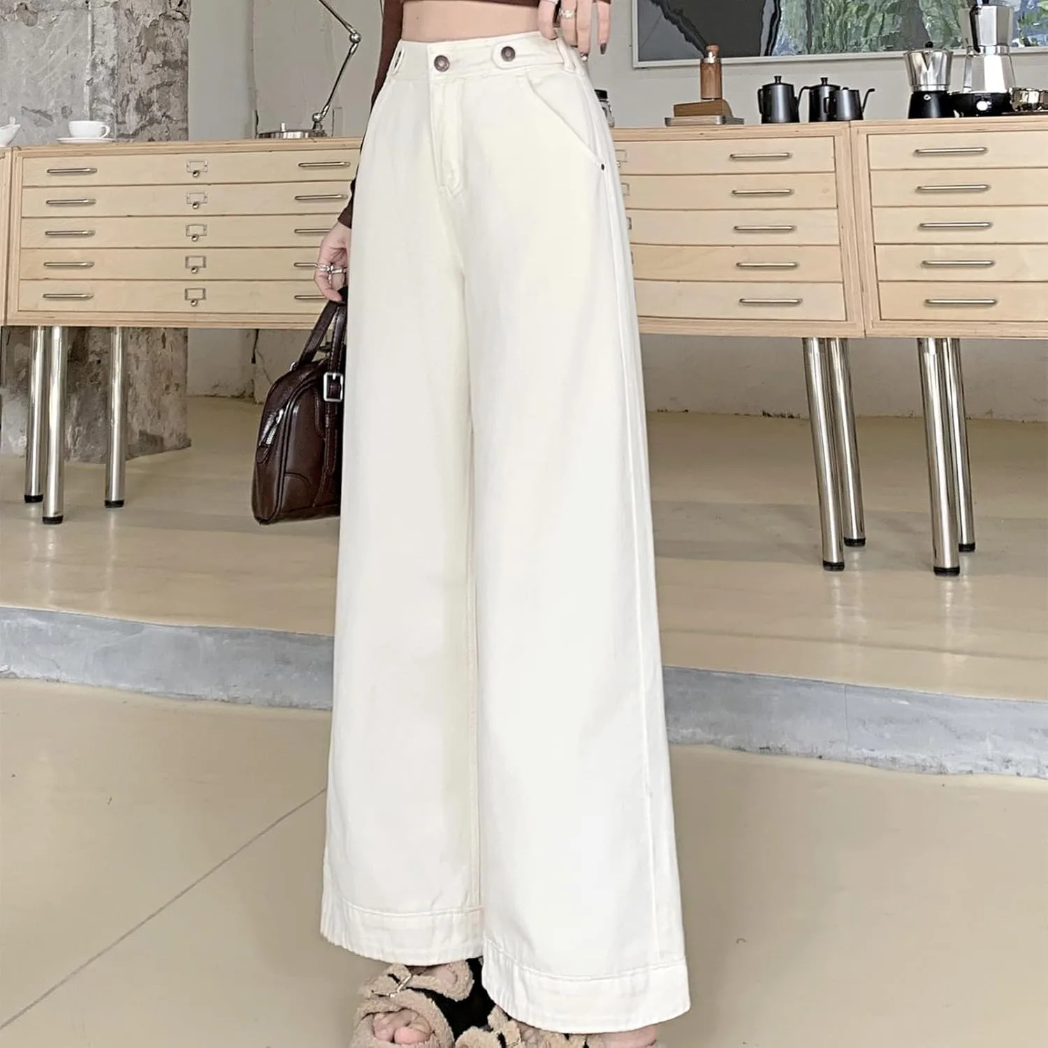 Женские джинсы Trendy Fall 2024 Retro White Wide Leg, свободный крой, высокая посадка — фото 4