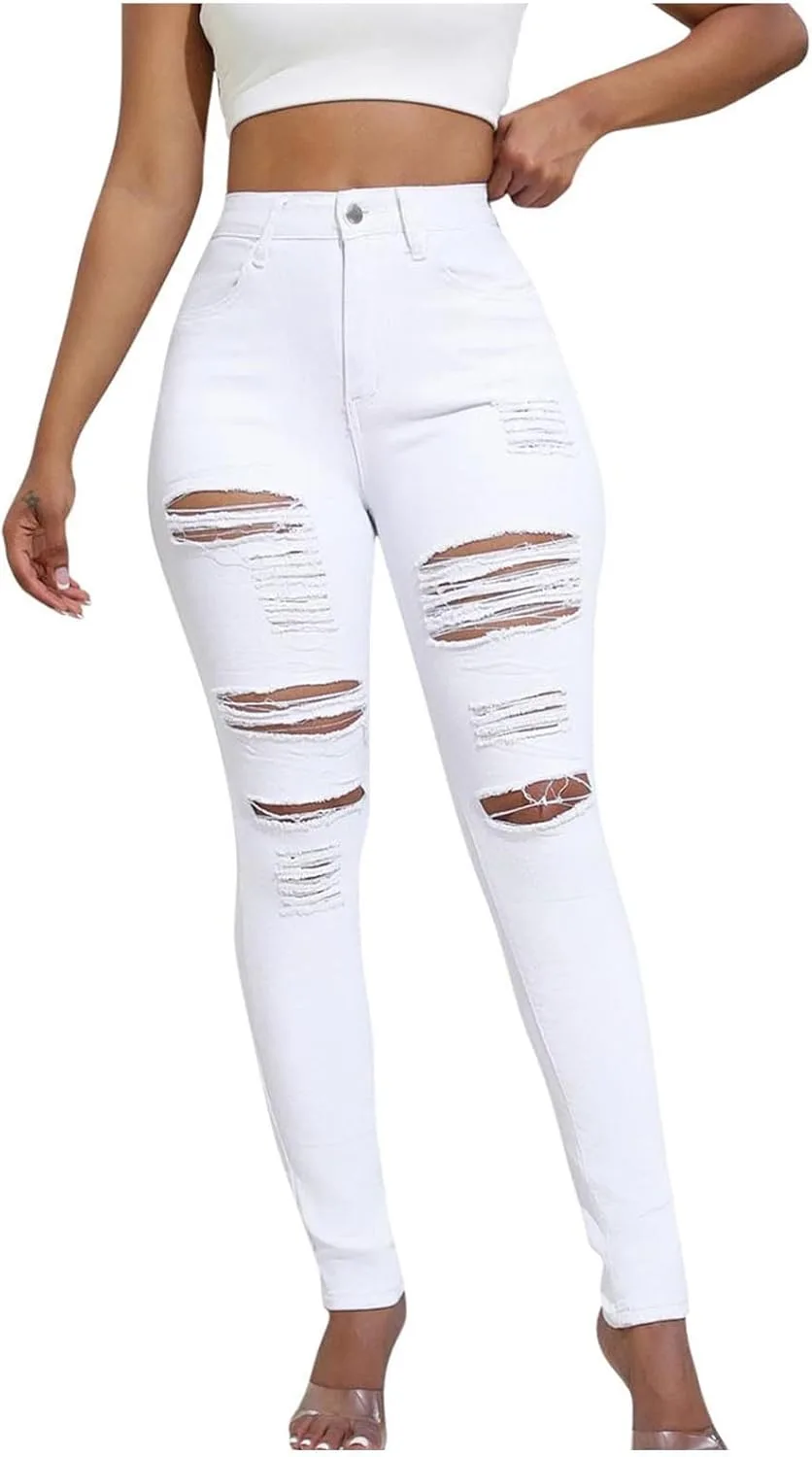 

Рваные скинни джинсы для женщин Vintage Destroyed High Waisted Stretch Denim Pants