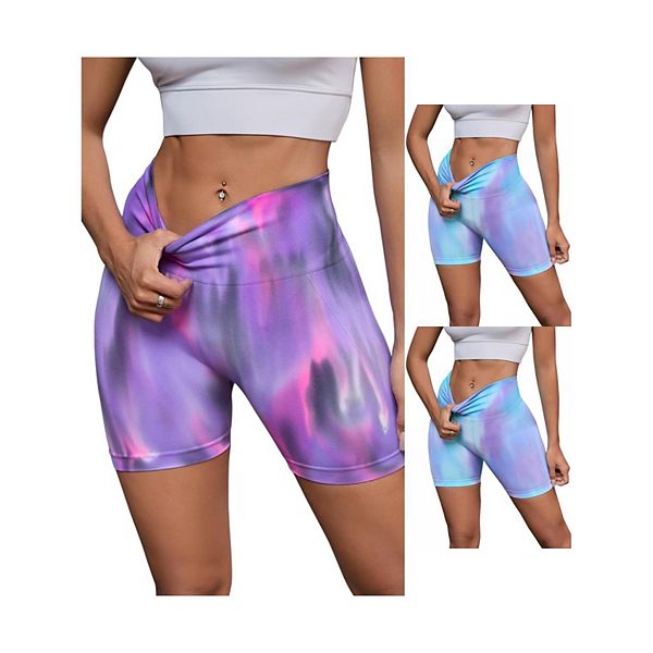 

3 пары женских шорт с высокой талией, тай-дай, для тренировок Inspire Chic, Bluepurple Purple Pink