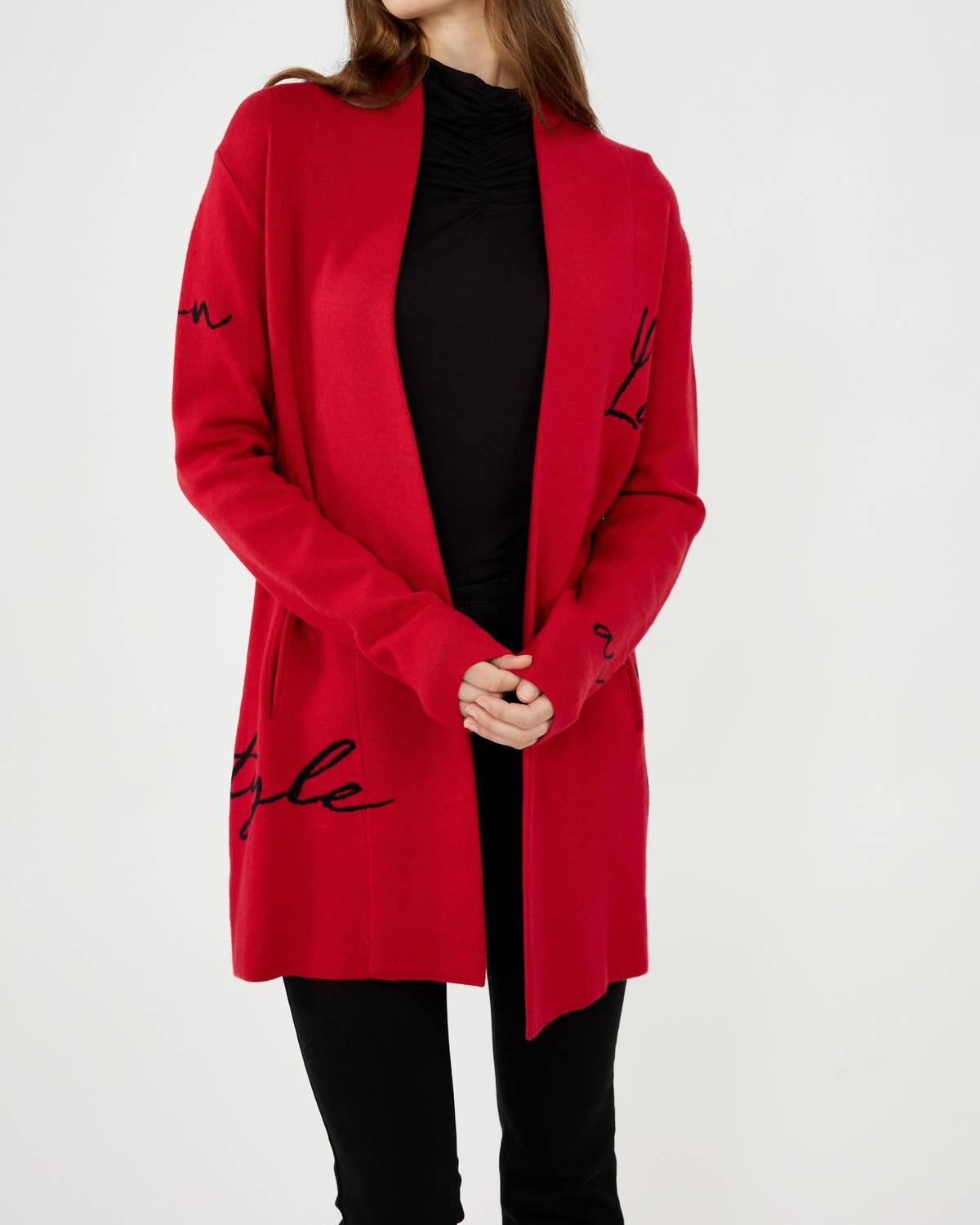 

Вязаный кардиган с накидкой в красно-черном цвете Frank Lyman