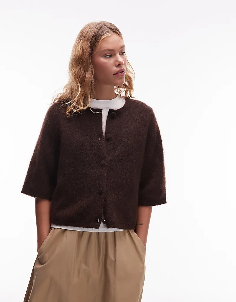 

Кардиган из смесовой мохеровой пряжи с короткими рукавами & Other Stories коричневого цвета