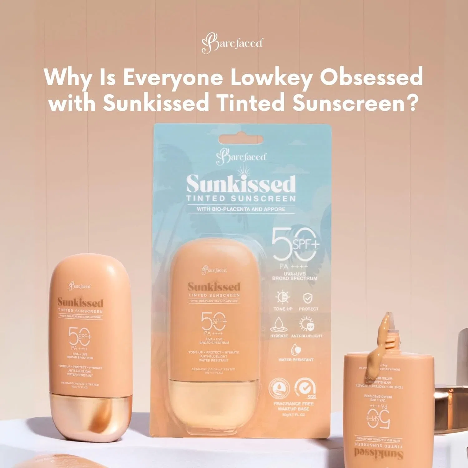 Тональный солнцезащитный крем SPF50+ PA+++ Barefaced Sunkissed Tinted Sunscreen 50 г тон-ап Generic — фото 4